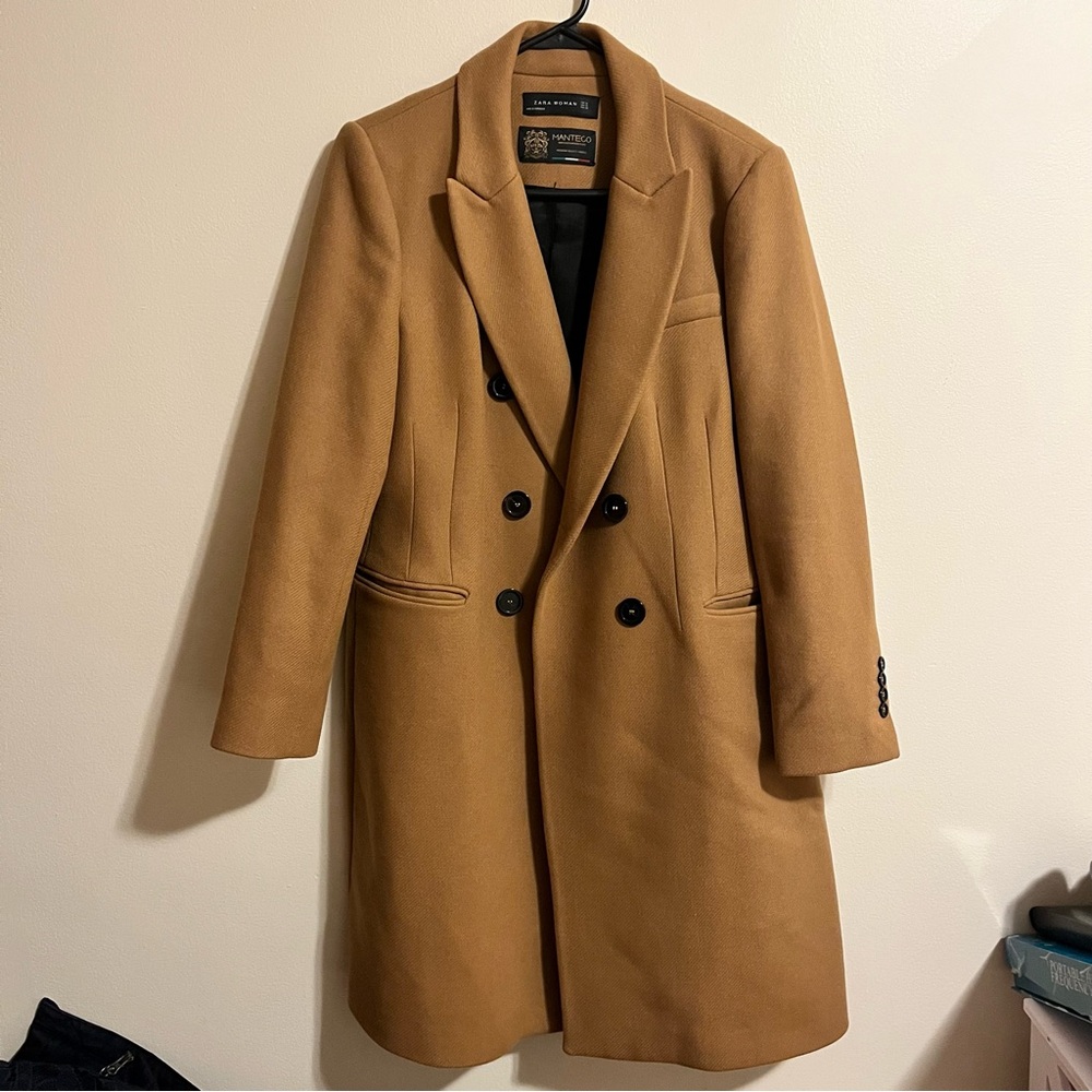 Zara Tan Double-Breasted Wool Pea Coat